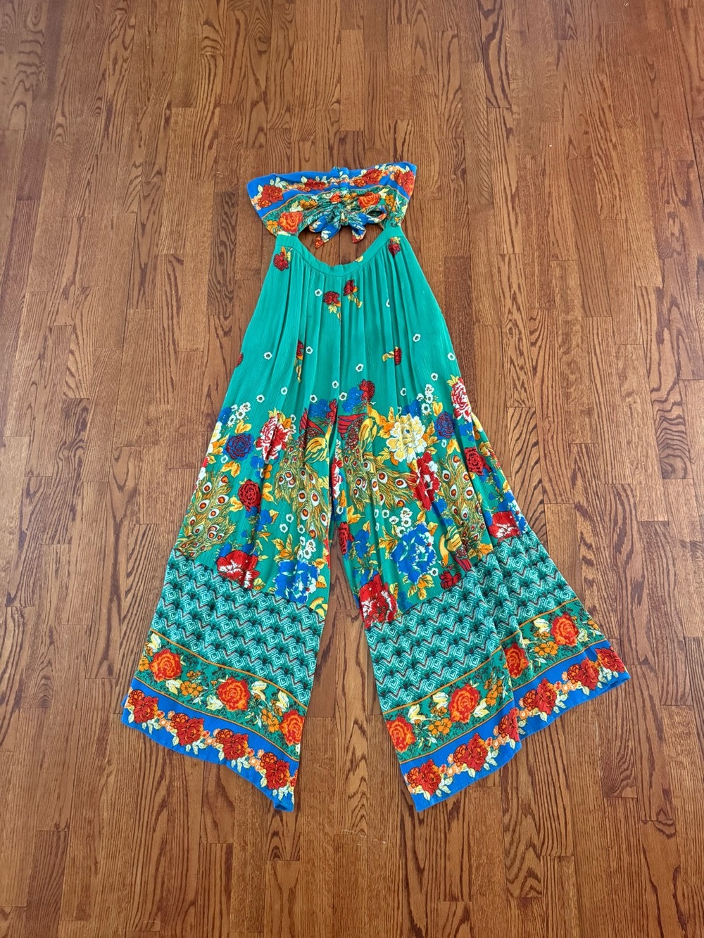 Free People Teal Floral Strapless Wide-Leg Jumpsuit